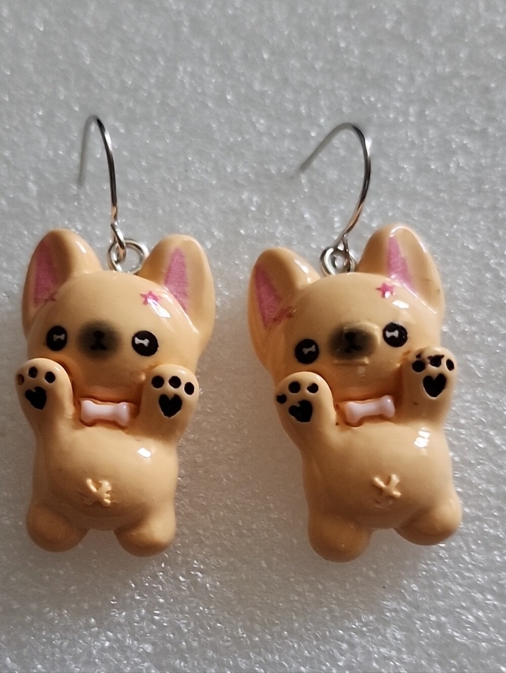 Hand Crafted Beige and Pink Frenchie Dog Paw Drop Earrings